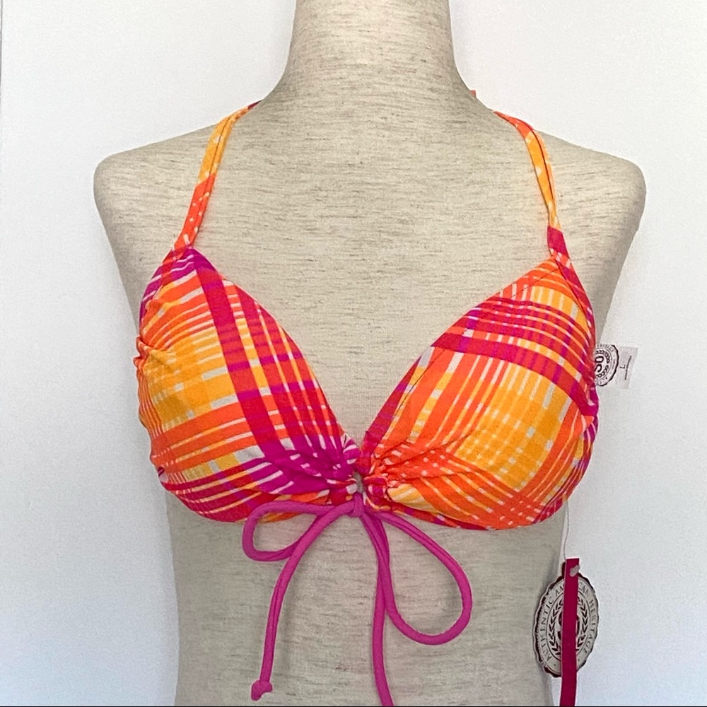Reversible Bikini Swimsuit Halter Top Juniors Sz XS Pink Orange Stripe Chevron